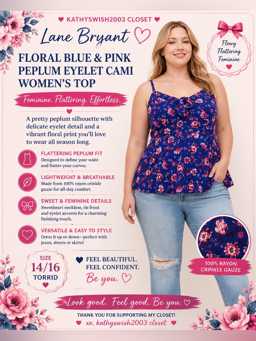 Torrid Floral Blue & Pink Peplum Eyelet Cami Women's Top